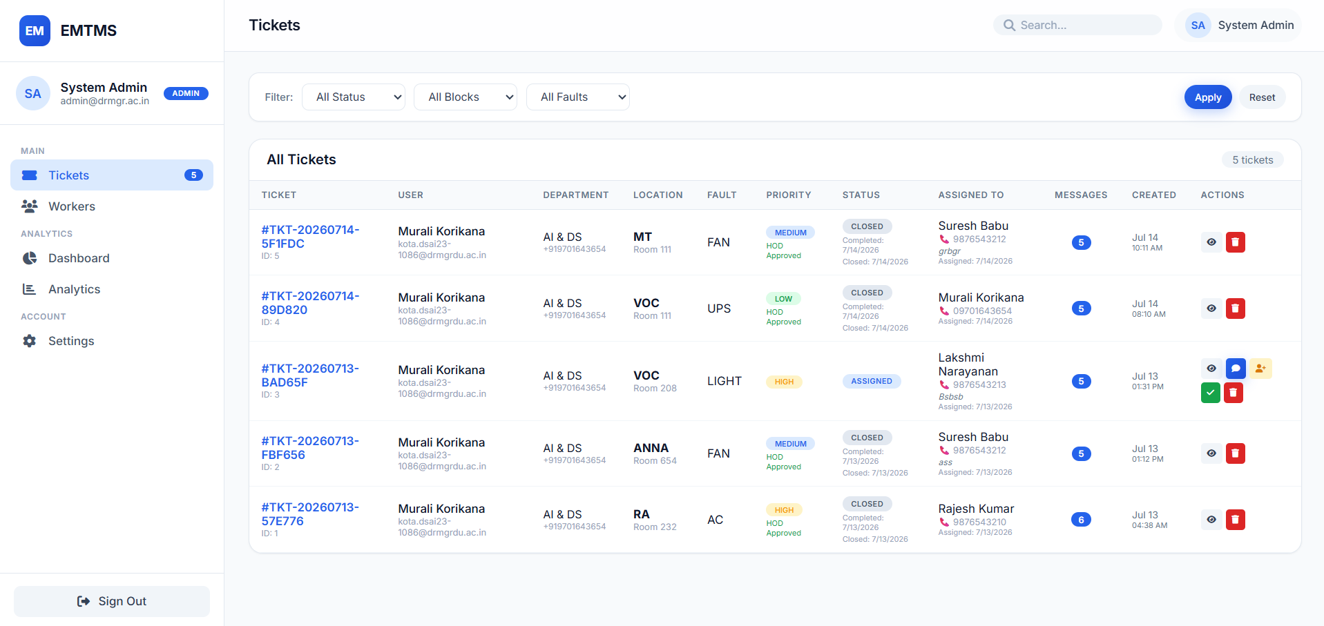 EMTMS - Electrical Maintenance Ticket Management System